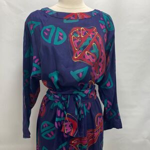 Vintage 80s Adini Maxi Shift Dress Medium Hand-Painted Dark Blue Art Wear Resort